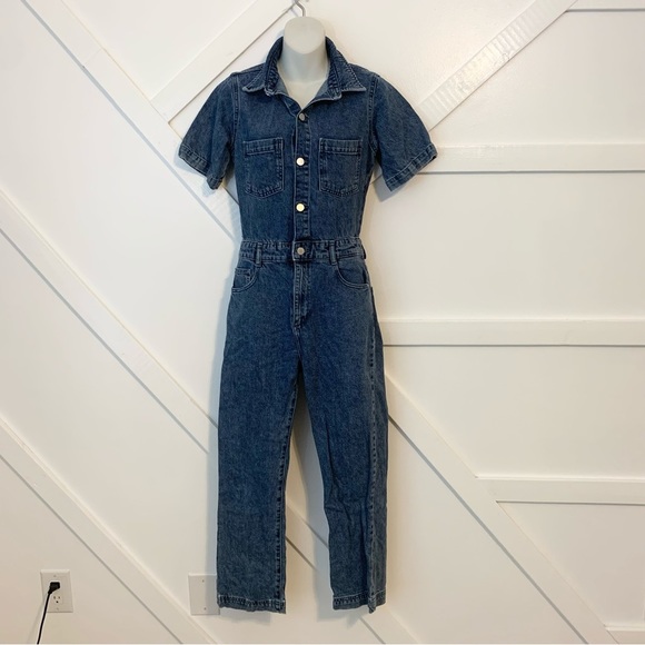 DL1961 Hannah Denim Straight Leg Button Front Short Sleeve Long Jumpsuit Sz XS - Picture 3 of 10